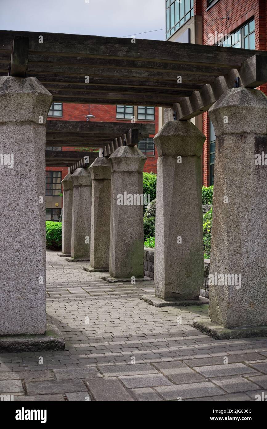 Architectural structure with row of concrete columns and wooden beams