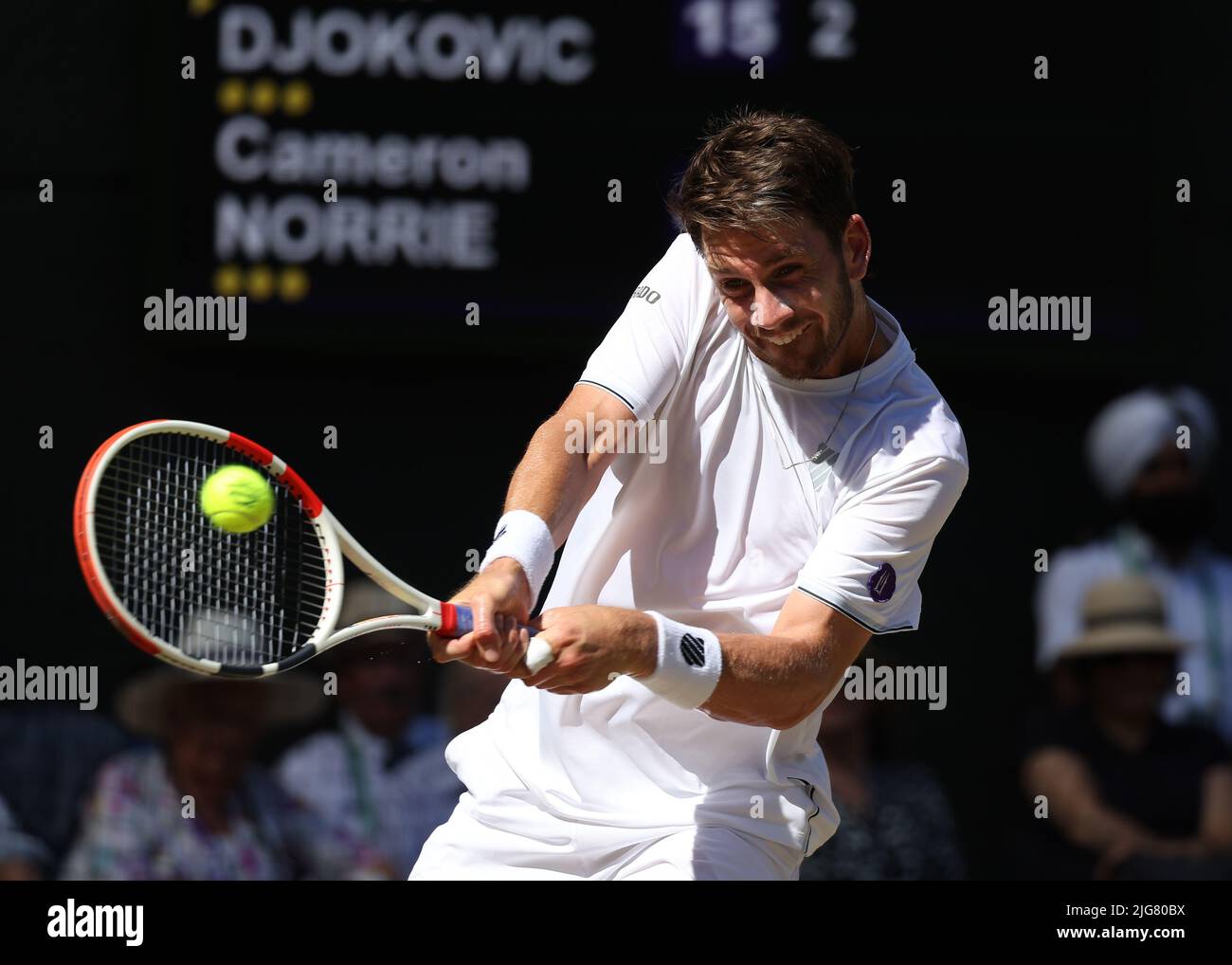 8th July 2022, All England Lawn Tennis and Croquet Club, London, England; Wimbledon Tennis tournament; Cameron Norrie (GBR) plays a backhand to Novakand#xa0;Djokovic (SRB) in the mens singles semi-final match Credit Action