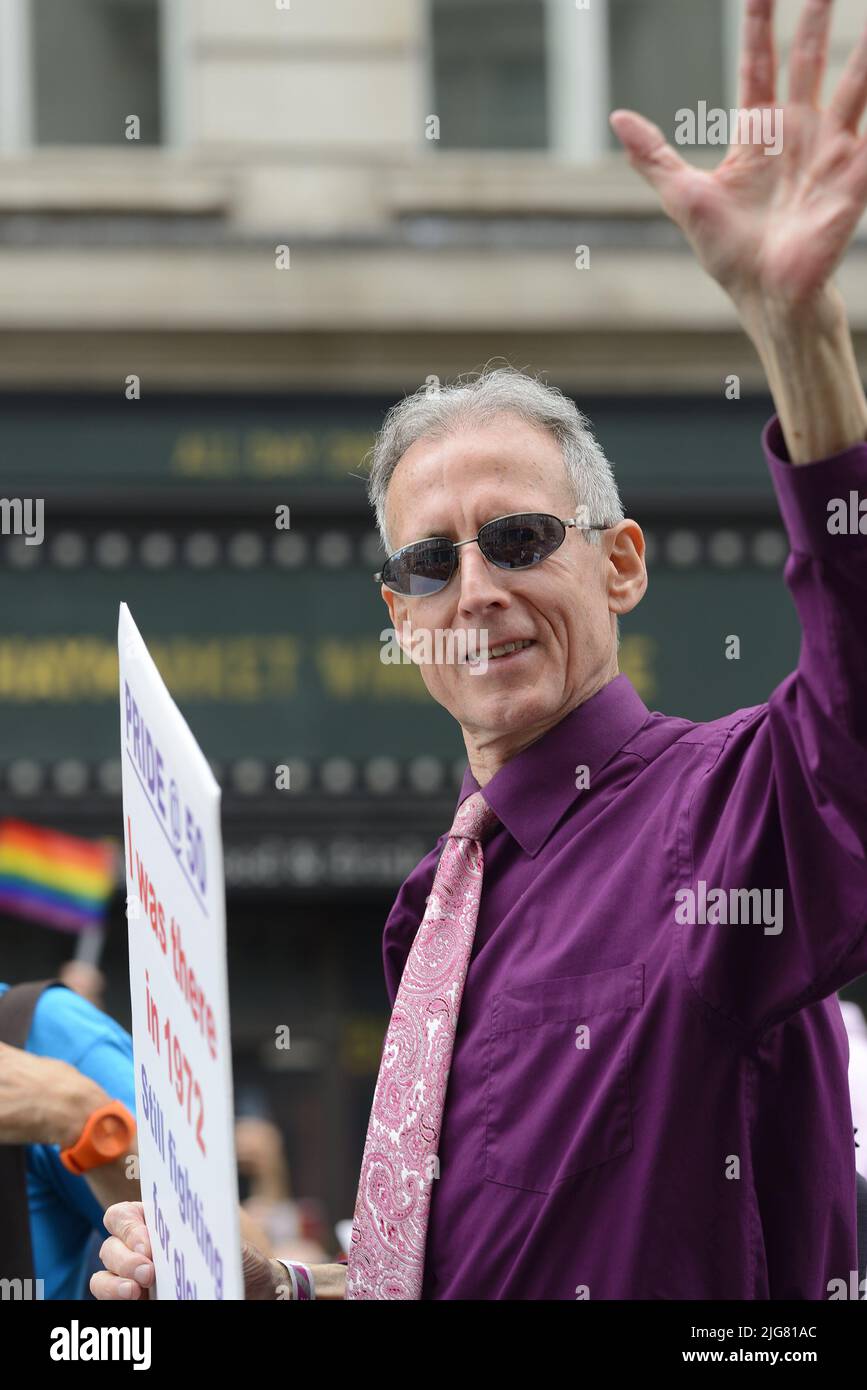 Peter Tatchell - LGBT and human rights campaigner - at the Pride in London parade, 2nd July 2022 Stock Photo