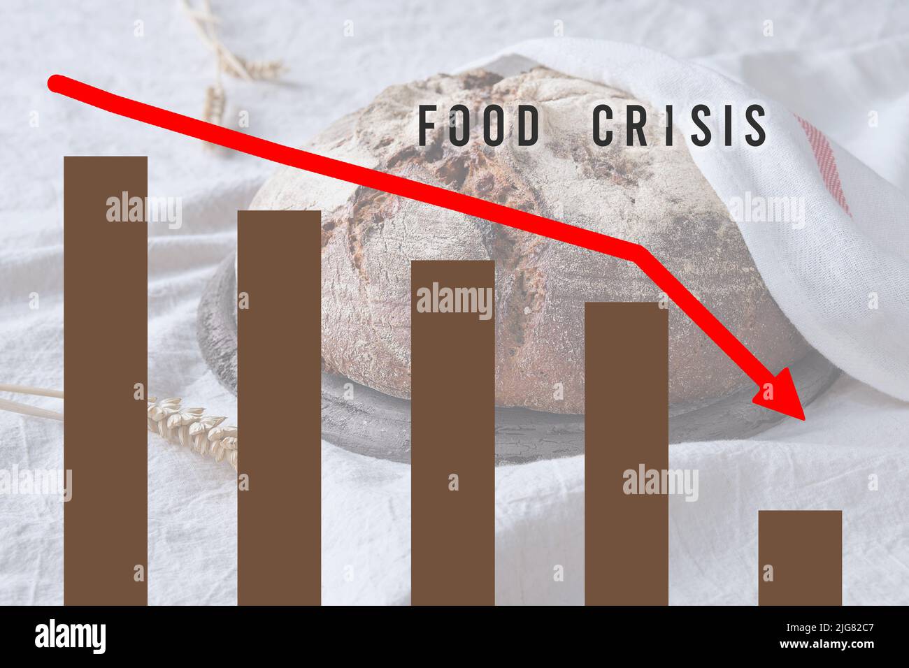 Text Food crisis on background with loaf of dark bread on wood with linen towel. Crisis graph with negative statistics. Stock Photo