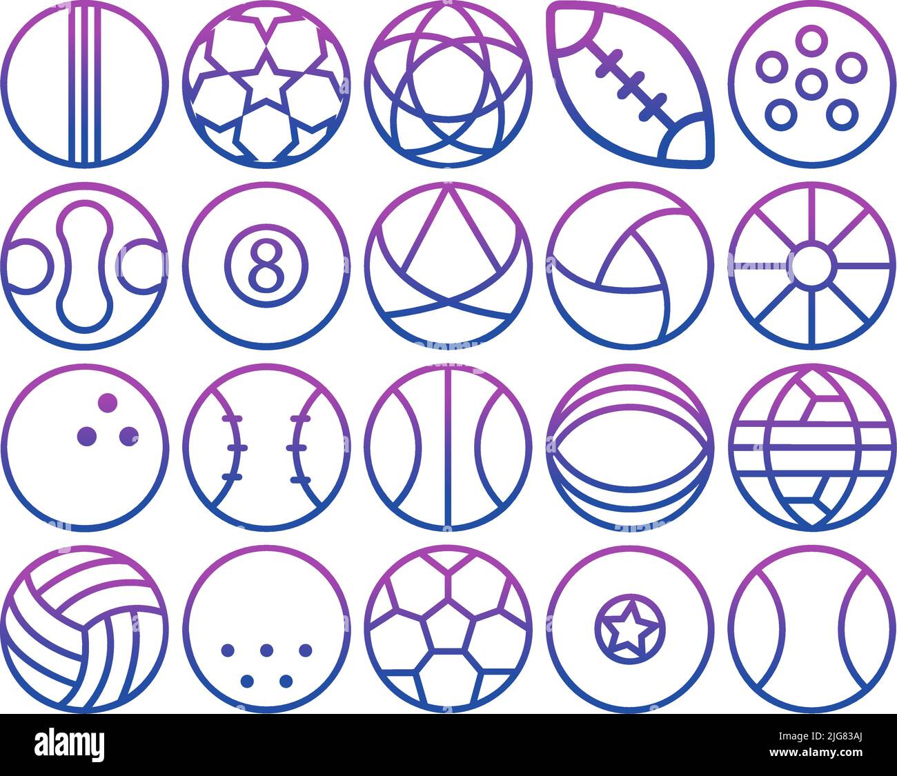 20 Outlined icon pack. Different balls. Sport icons Stock Vector