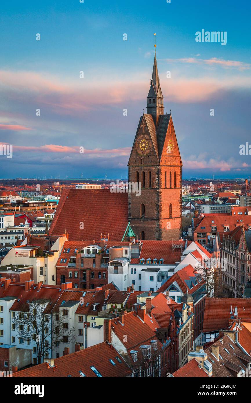 Old town of Hannover with the market church in the foreground and the city hall in the background, Germany Stock Photo
