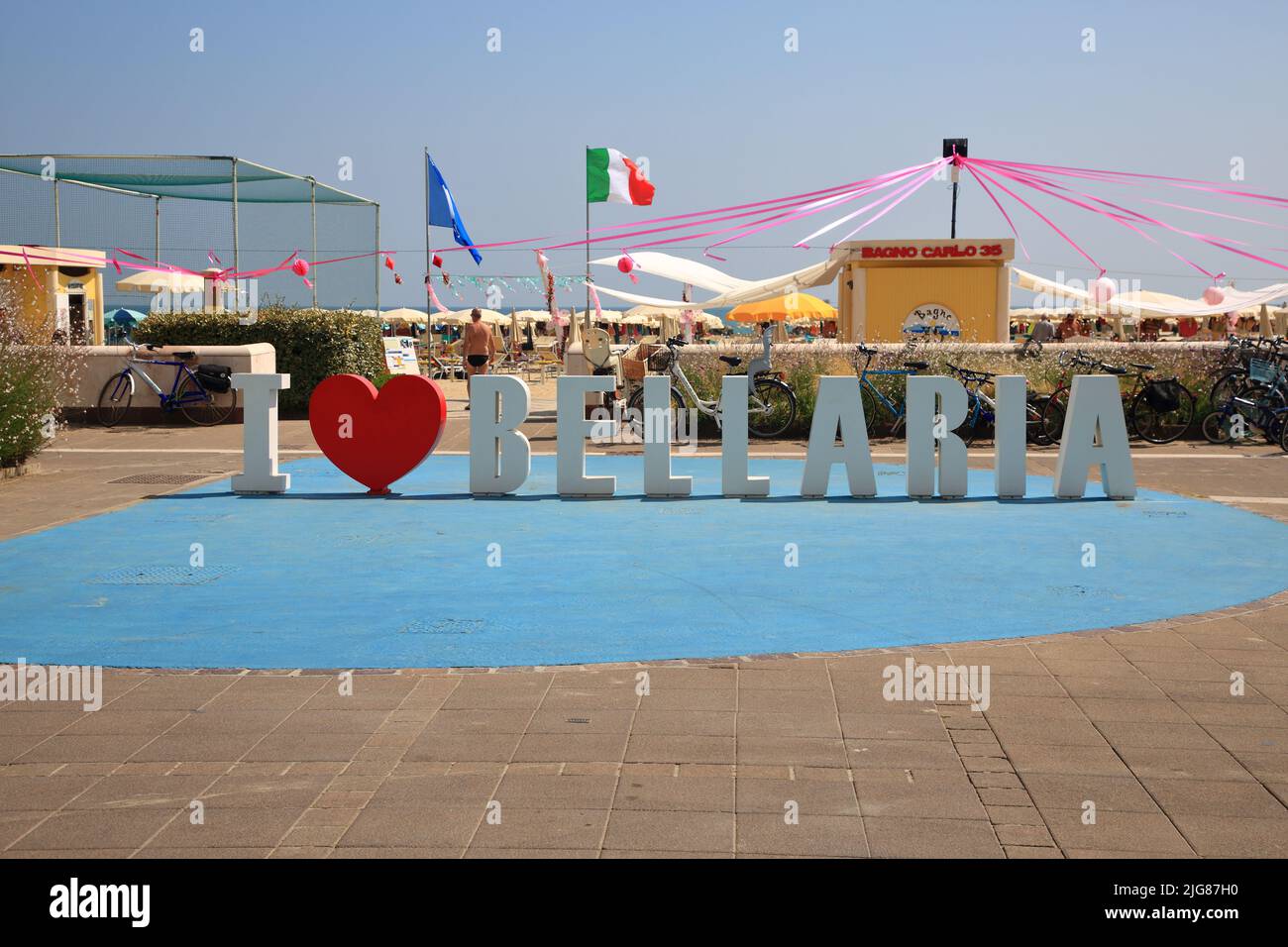 July 2, 2022, Cesenatico/Bellaria Igea Marin, ForlÃ¬ Cesena/Rimini, Italy: Inscription with the symbol of a heart with the name of the city of Bellaria in the city center. (Credit Image: © Pasquale Senatore/Pacific Press via ZUMA Press Wire) Stock Photo