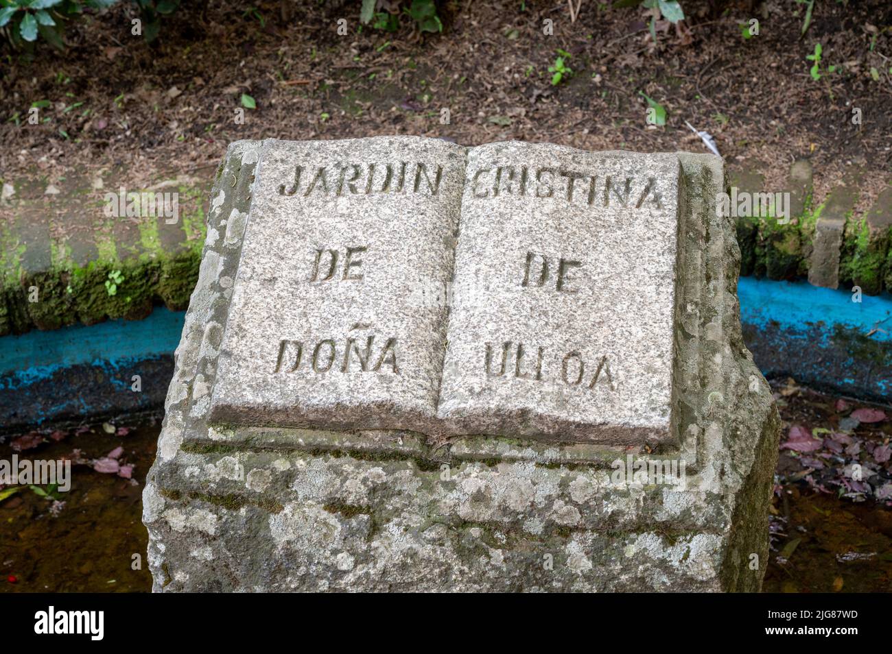 A granite sign in the garden of Christina de Dona Ulloa, or Jardin Cristina de dona Ulloa Caceres Spain Stock Photo