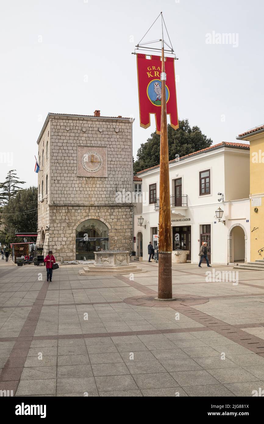 The Krk main square Vela placa with the old town hall in the old town, Krk town, Krk island, Kvarner bay, Primorje-Gorski kotar county, Croatia, Europe Stock Photo