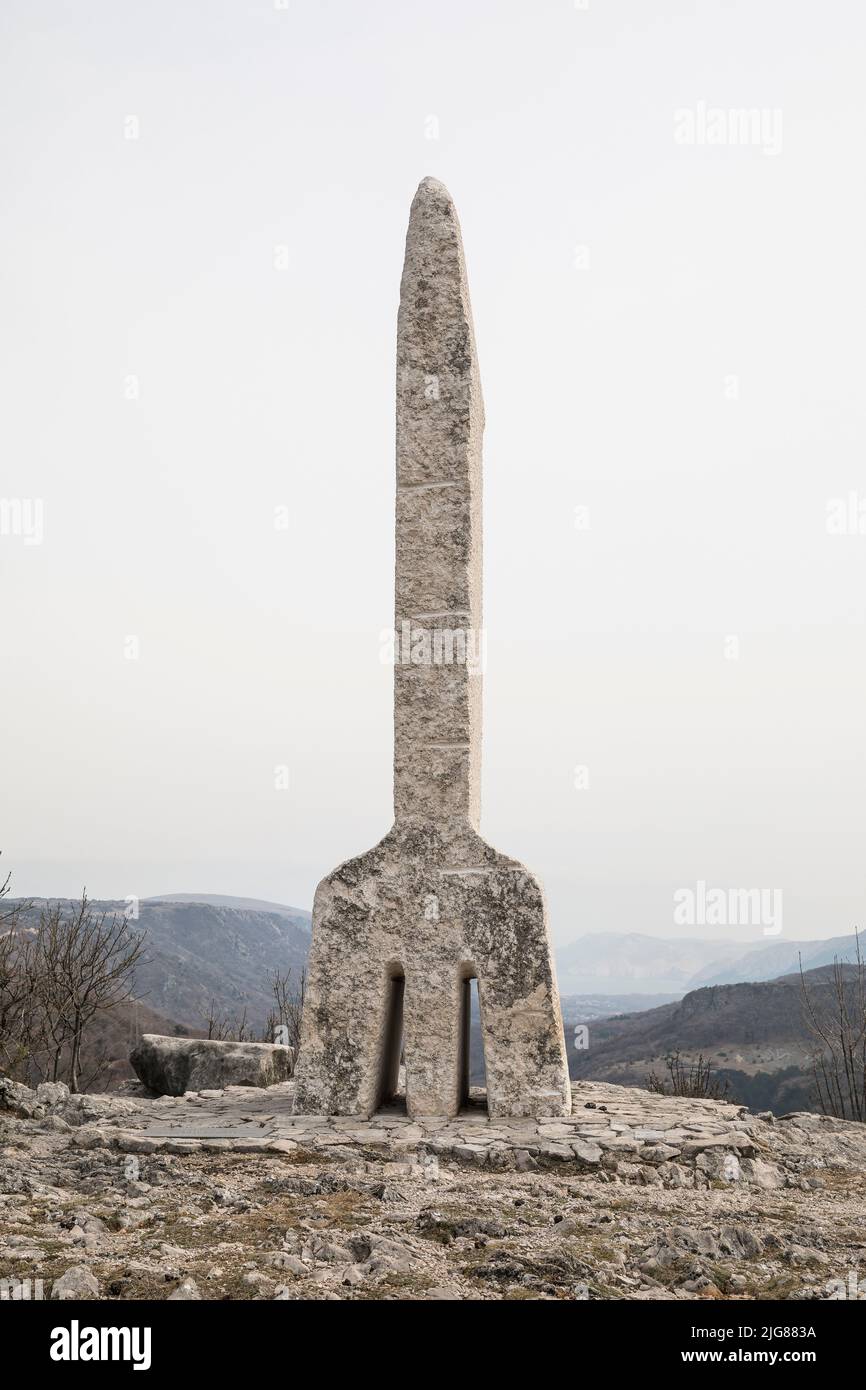 On the Glagolitic Path, monument of the Glagolitic letter Az on the mountain pass Treskavac, at the entrance to the Baska Valley, Island of Krk, Kvarner Bay, Primorje-Gorski kotar County, Croatia, Europe Stock Photo