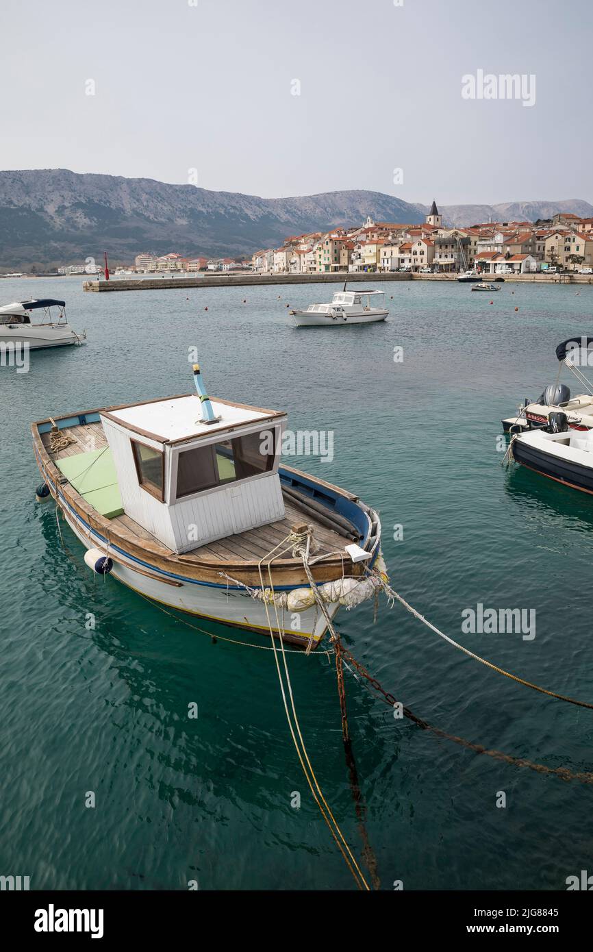 Boats in Baska harbor, Adriatic coast, Krk island, Kvarner bay, Primorje-Gorski kotar county, Croatia, Europe Stock Photo