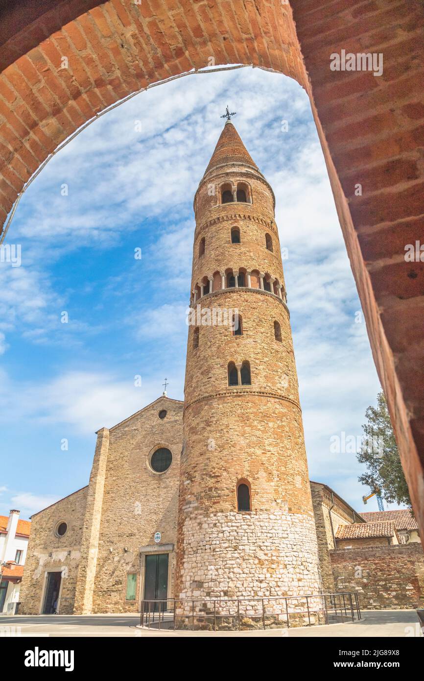 Italy, Veneto, province of Venice, city of Caorle, the Bell Tower, symbol of Caorle, rare cylindrical shaped bell tower Stock Photo