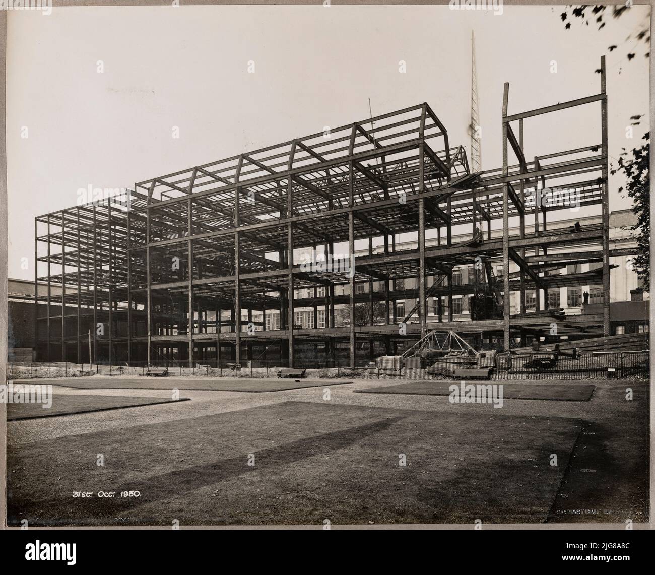 Geological Museum, Exhibition Road, Kensington, Kensington and Chelsea, Greater London Authority, 31-10-1930. Exterior view showing the steel frames of the Geological Museum during construction. The Geological Museum moved from its site on Jermyn Street to this new building on Exhibition Road in 1935. The new museum was designed by Sir Richard Allison and John Hatton Markham of H M Office of Works. The steel frames used in the construction of the building were manufactured by Banister, Walton and Co Ltd. The Geological Museum subsequently became part of the Natural History Museum. Stock Photo