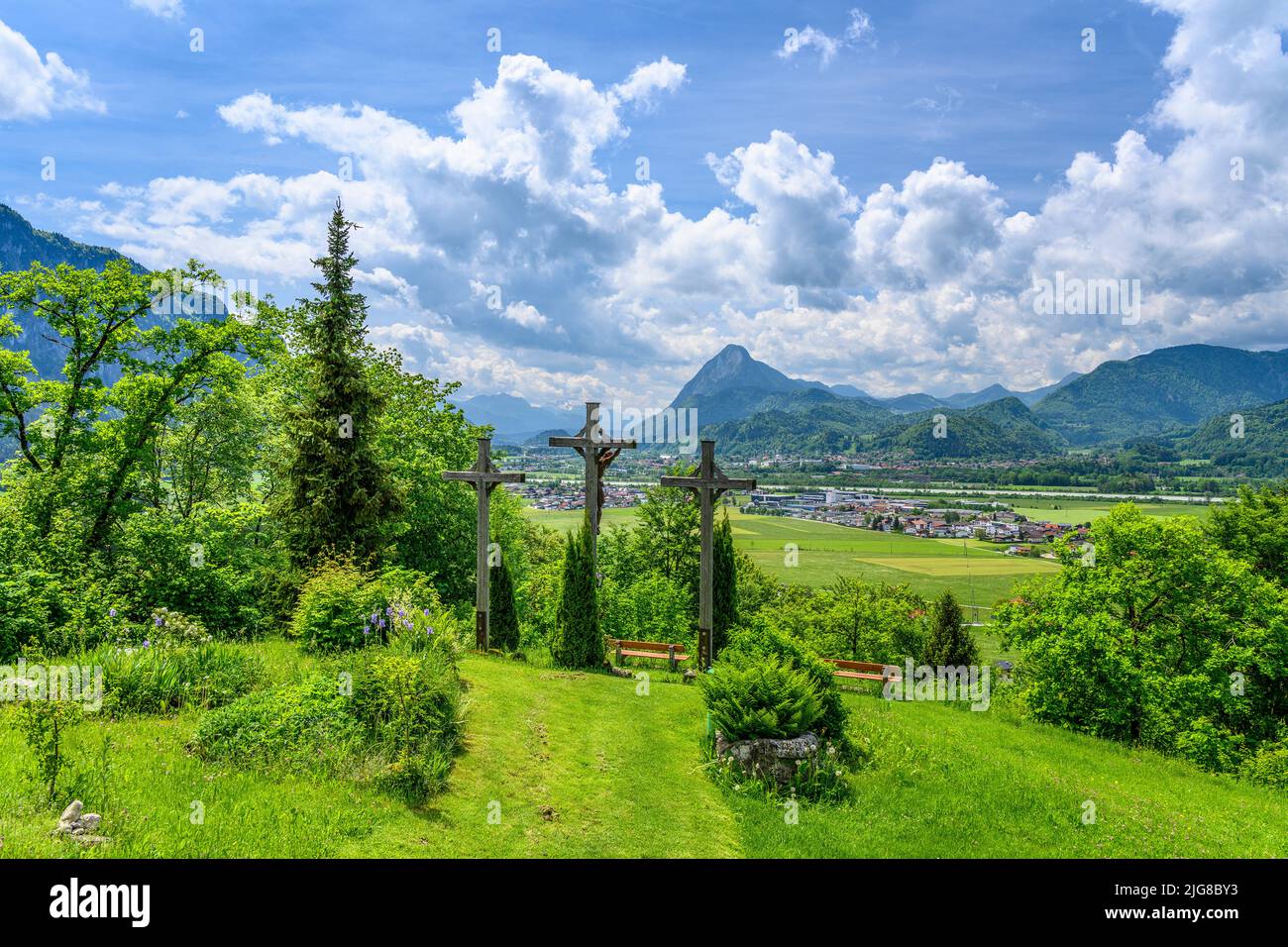 Austria, Tyrol, Lower Inn Valley, Ebbs, view from St. Nikolaus over the Inn Valley towards Pendling Stock Photo