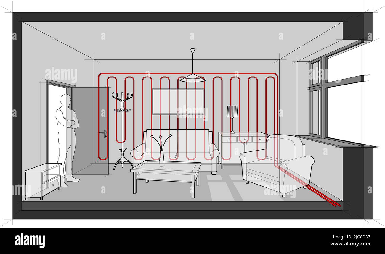 Diagram of a single room furnished with sofa, chair, table, cabinets