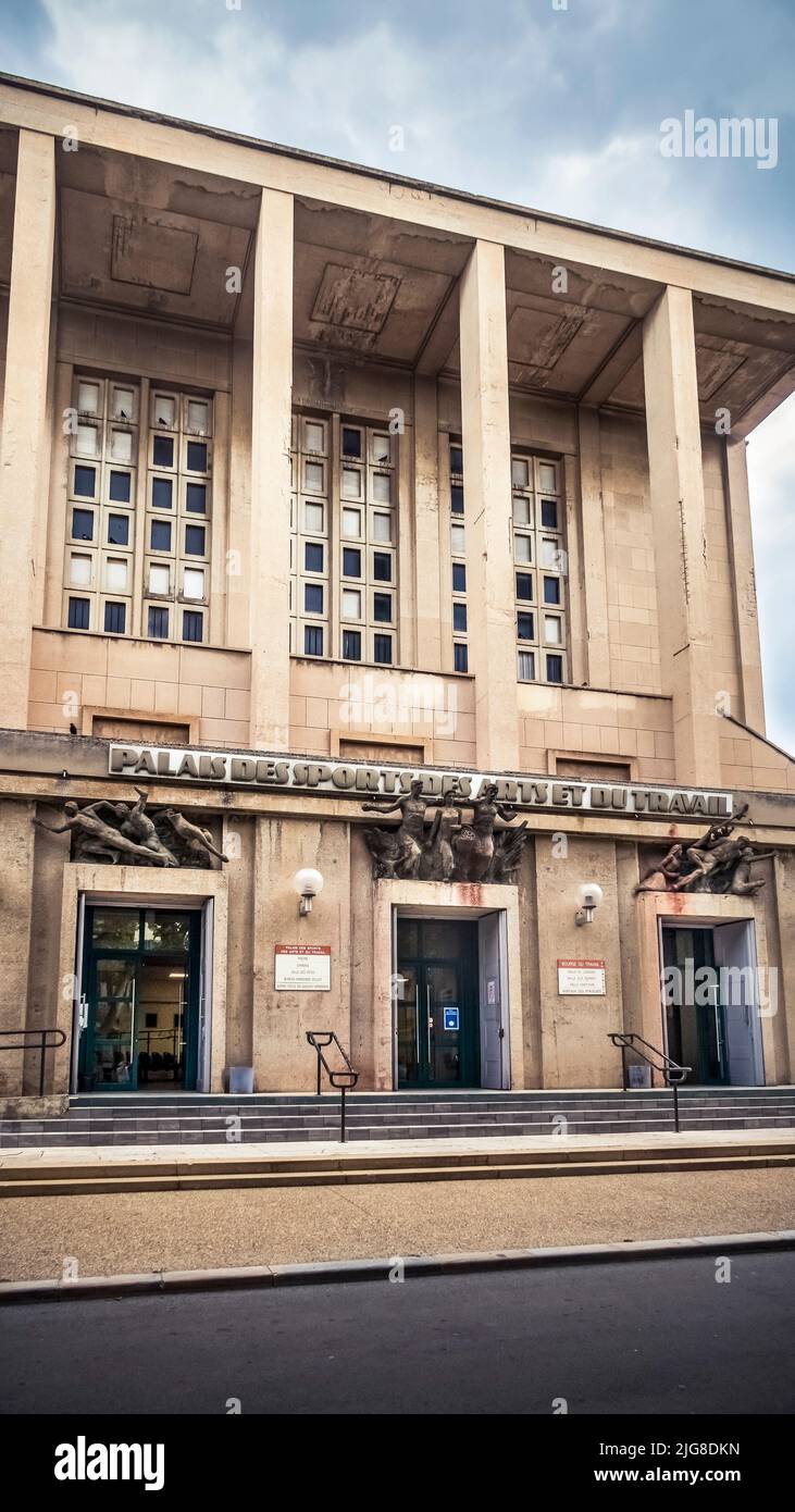 Palais des Sports, des Arts et du Travail in Narbonne. The building is one of the rare witnesses of the functionalist and rationalist architecture of the 1930s in Languedoc-Roussillon. Stock Photo