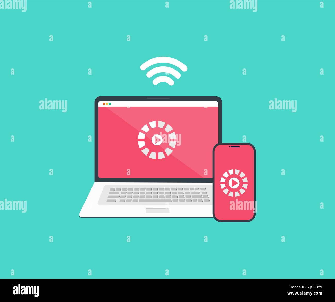 Laptop to cell phone streaming video movie service or mobile cellphone smartphone screen logo design. Transmission and broadcast smart technology. Stock Vector