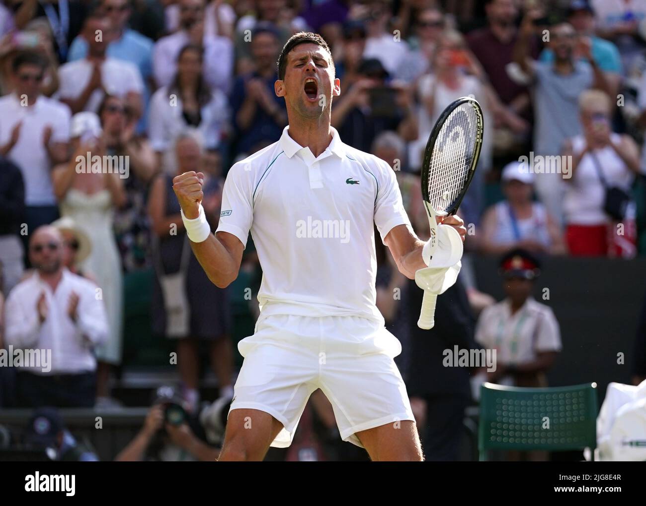 Novak Djokovic celebrates victory in the Gentlemen's Singles Semi Final against Cameron Norrie on day twelve of the 2022 Wimbledon Championships at the All England Lawn Tennis and Croquet Club, Wimbledon. Picture date: Friday July 8, 2022. Stock Photo