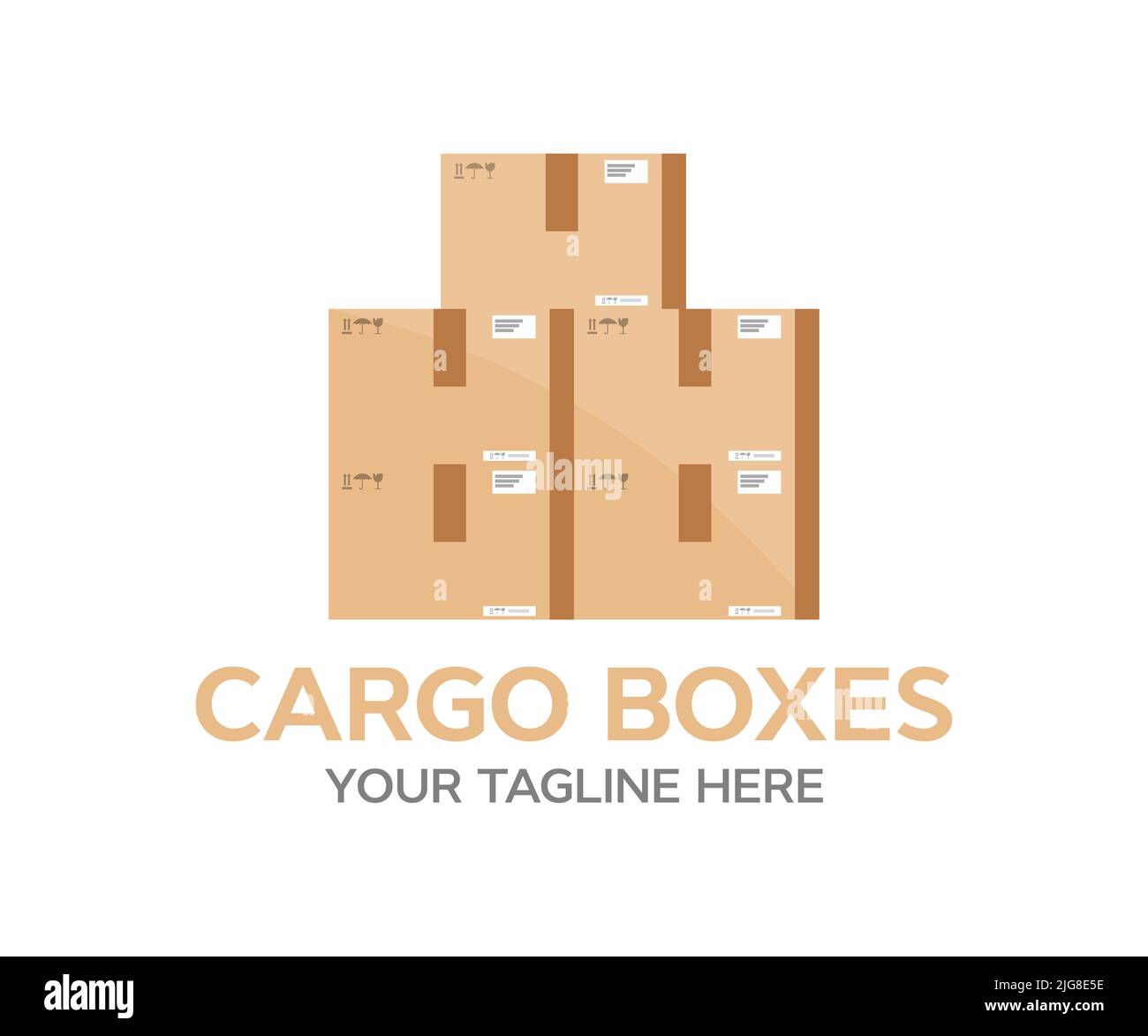 Heap of cardboard boxes logo design. Delivery cargo box with fragile care sign symbol, handling with care, protection from water rain vector design. Stock Vector