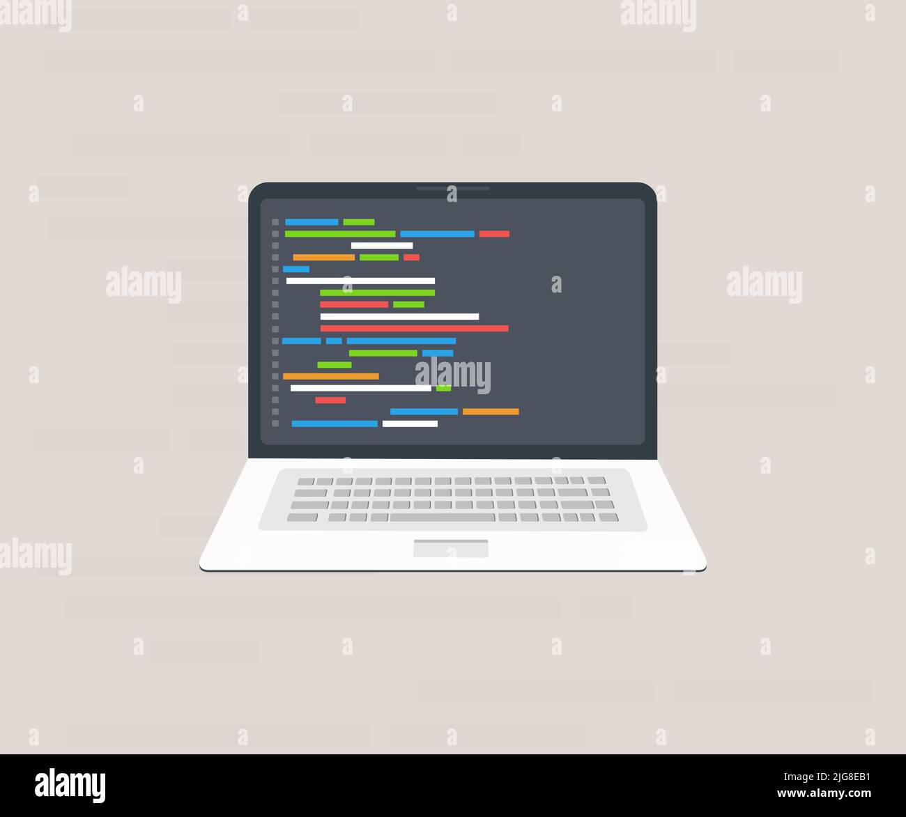 Computer software with programming coding text application window on laptop screen logo design. Big data processing, computing isometric vector design. Stock Vector