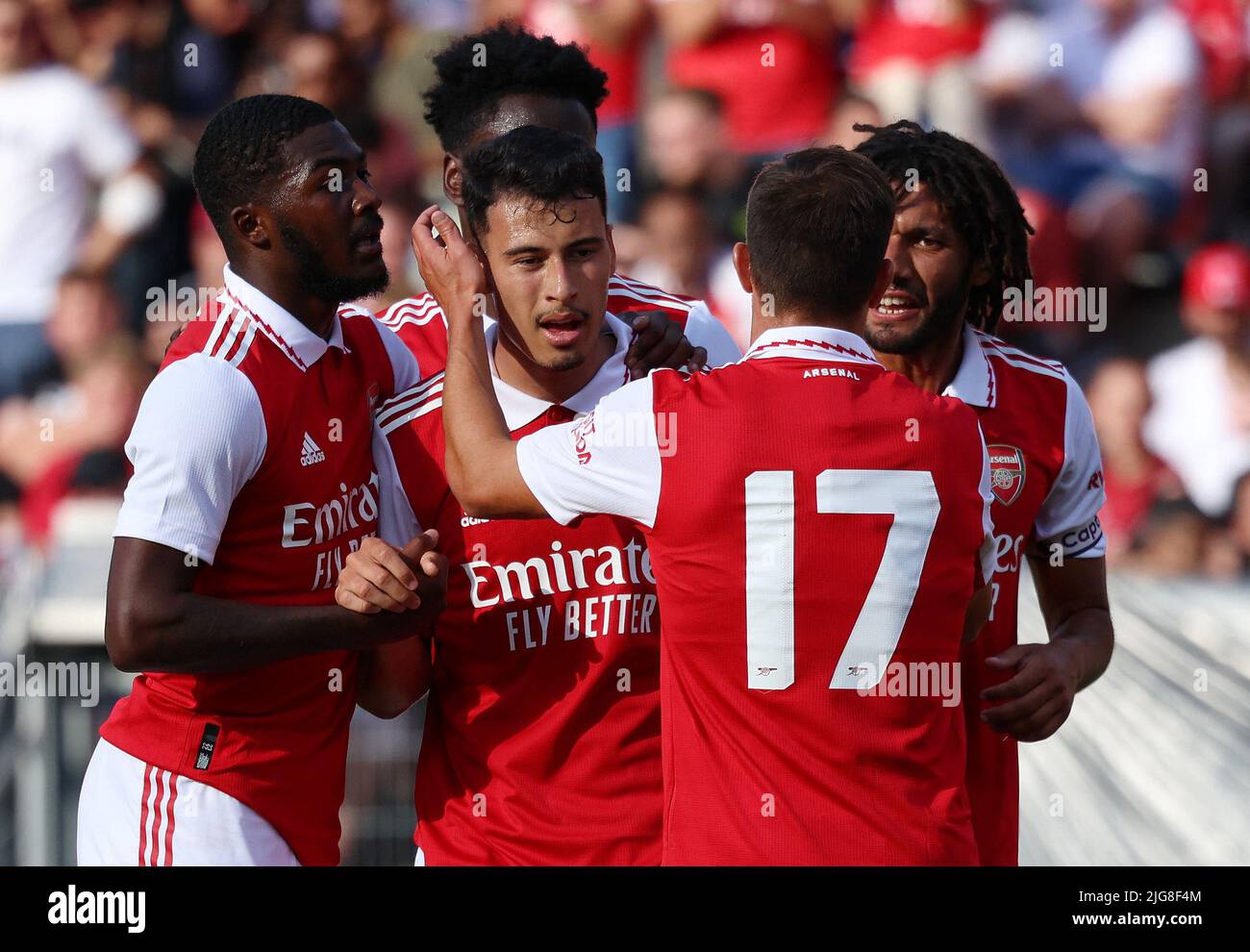 Soccer Football - Pre Season Friendly - 1. FC Nuremberg v Arsenal - Max- Morlock-Stadion, Nuremberg, Germany - July 8, 2022 Arsenal's Gabriel  Martinelli and teammates celebrate their fourth goal an own goal