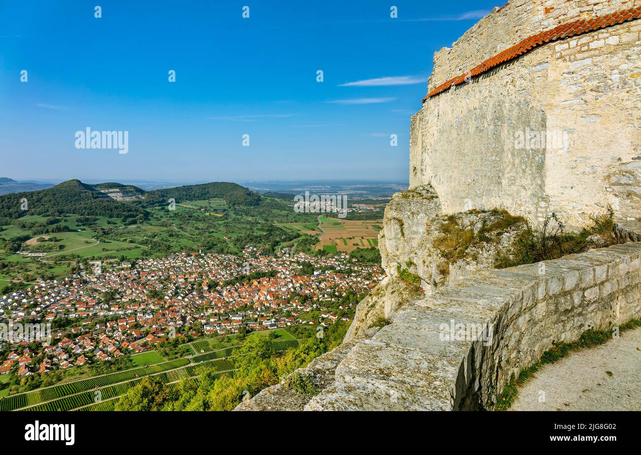 View from the castle ruin Hohenneuffen to the town Neuffen. Stock Photo