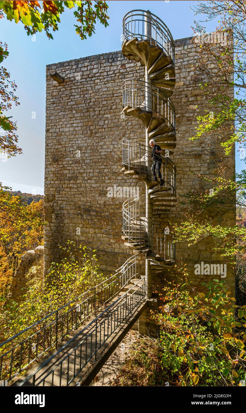The ruins of Wartstein Castle, a former rock castle in the Swabian Alb, 150 meters above the valley of the Great Lauter. The castle complex is a shield wall castle in spur position with a 12m high tower-like shield wall as keep, in the protection of which the palace was located. Stock Photo