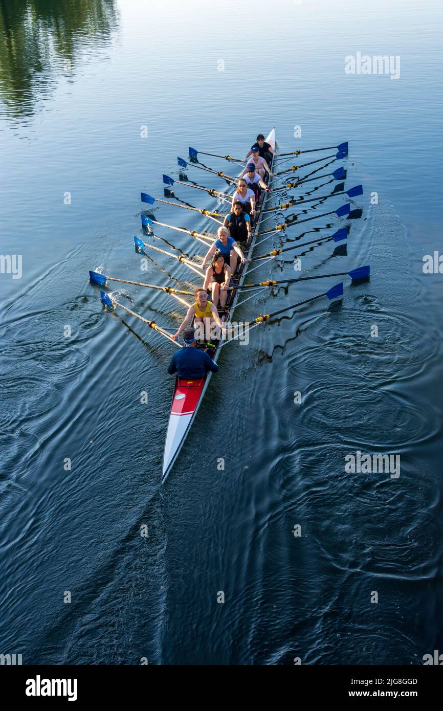 Vienna, rowing boat on river Alte Donau (Old Danube) in 22. district Donaustadt, Wien, Austria Stock Photo