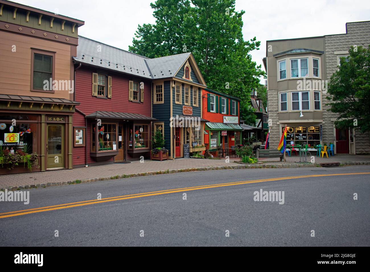 Street views of quaint, historic buildings in suburban town of