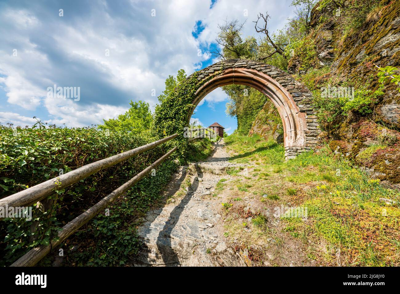 Staircase with archway on the grounds of the Starkenburg Castle ruins, Stock Photo