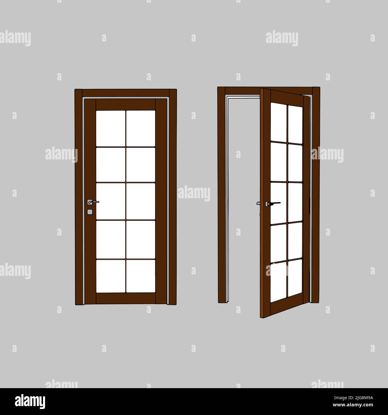 Open and closed 3d brown wooden door concept. A door is opened for four stages. Four different