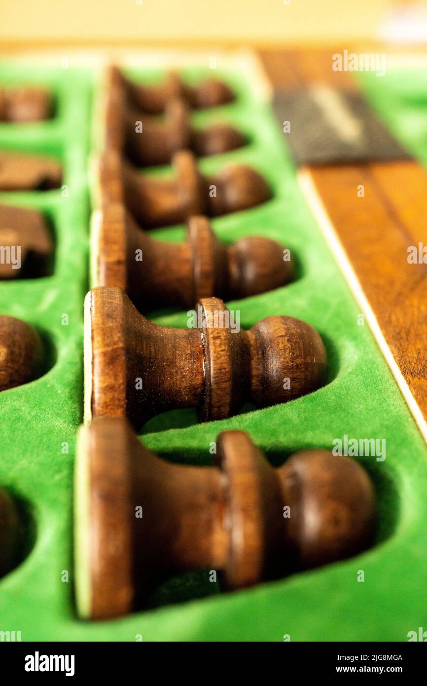 Old Wooden Chess Pieces On A Tree Trunk Board Just About To Start A Game.  Blank Copy Space For Editor's Text. Stock Photo, Picture and Royalty Free  Image. Image 44846209.