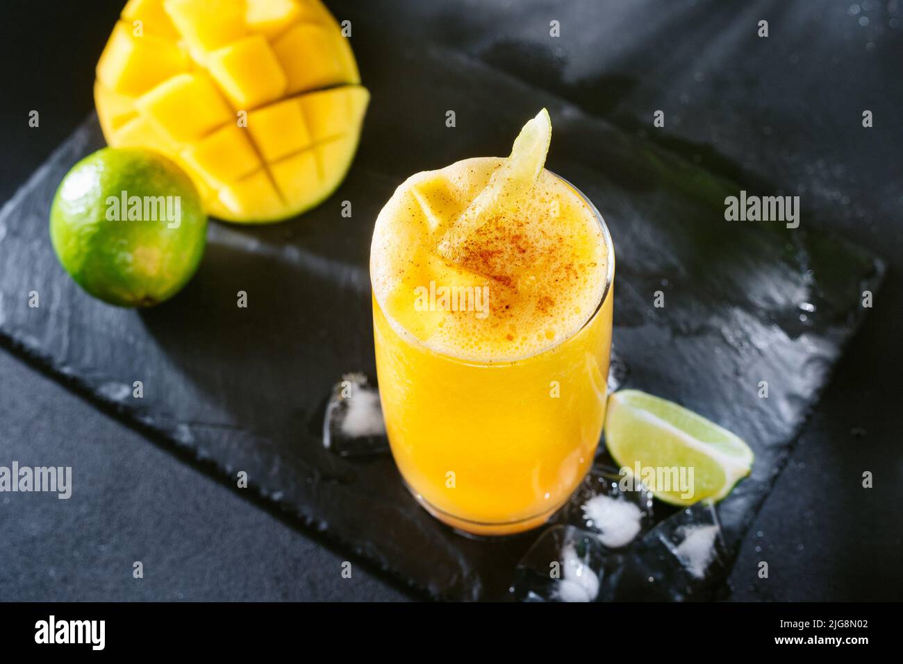 Mexican or Latin American cuisine. The classic Mexican and Southern U.S. cocktail is the Mangonada. A refreshing cocktail of mango salt and lime and Stock Photo