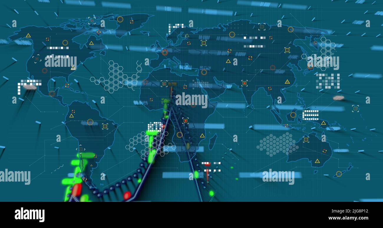 Image of graphs and data over world map on green background Stock Photo