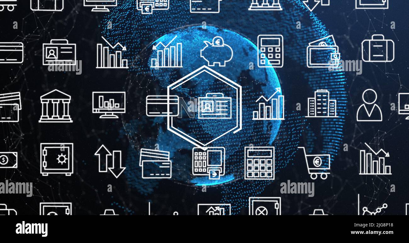 Image of globe, connections and financial icons on navy background ...