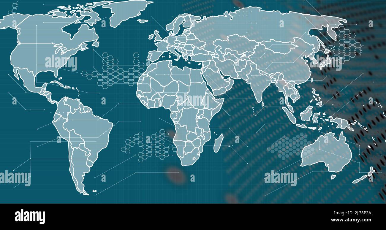 Image of world map and icons on green background Stock Photo - Alamy