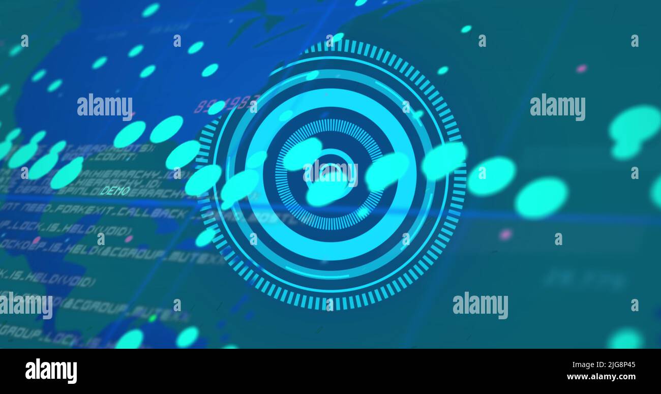 Image of graphs and processing circle over world map on green background Stock Photo