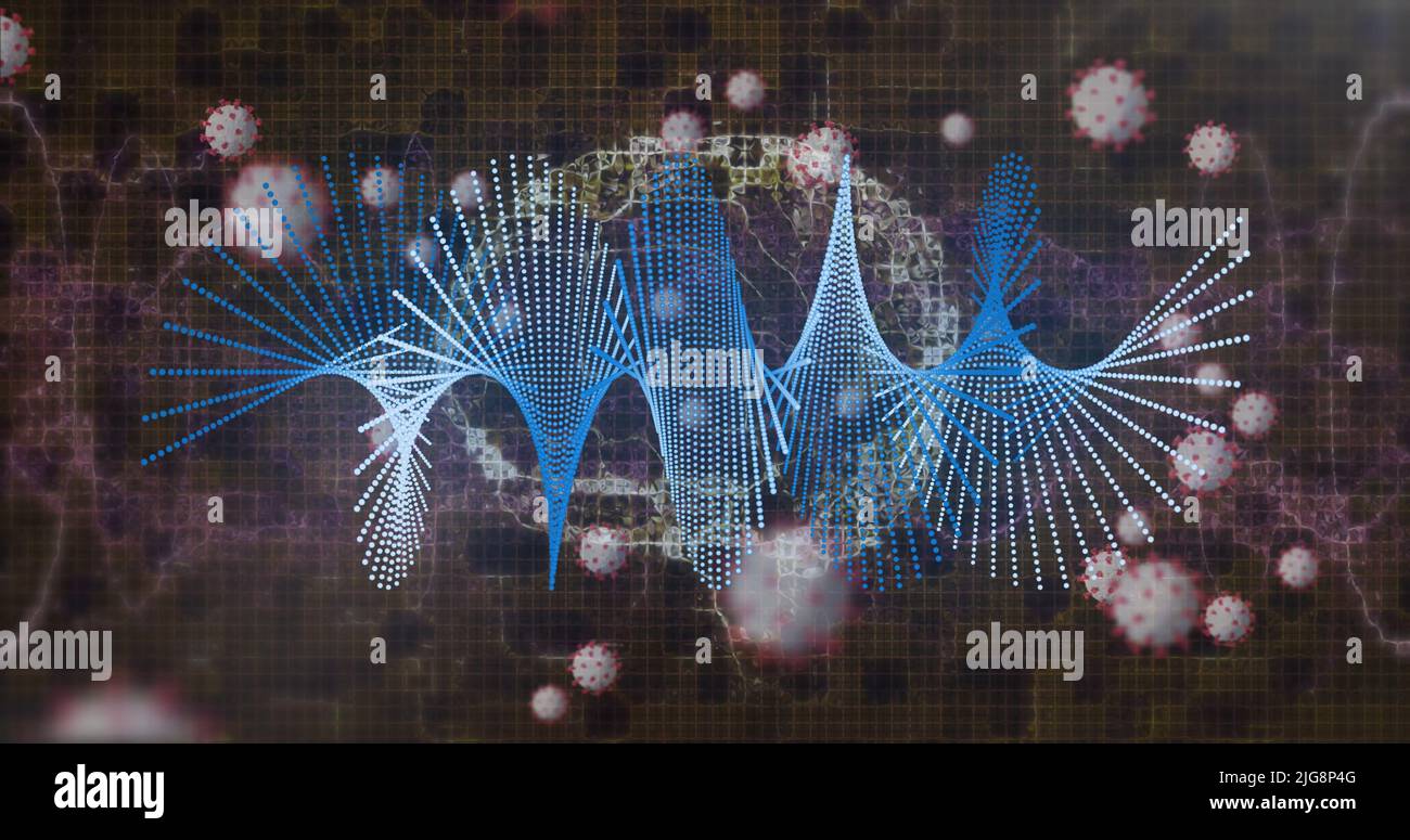 Image of dna strand and virus cells on black background Stock Photo