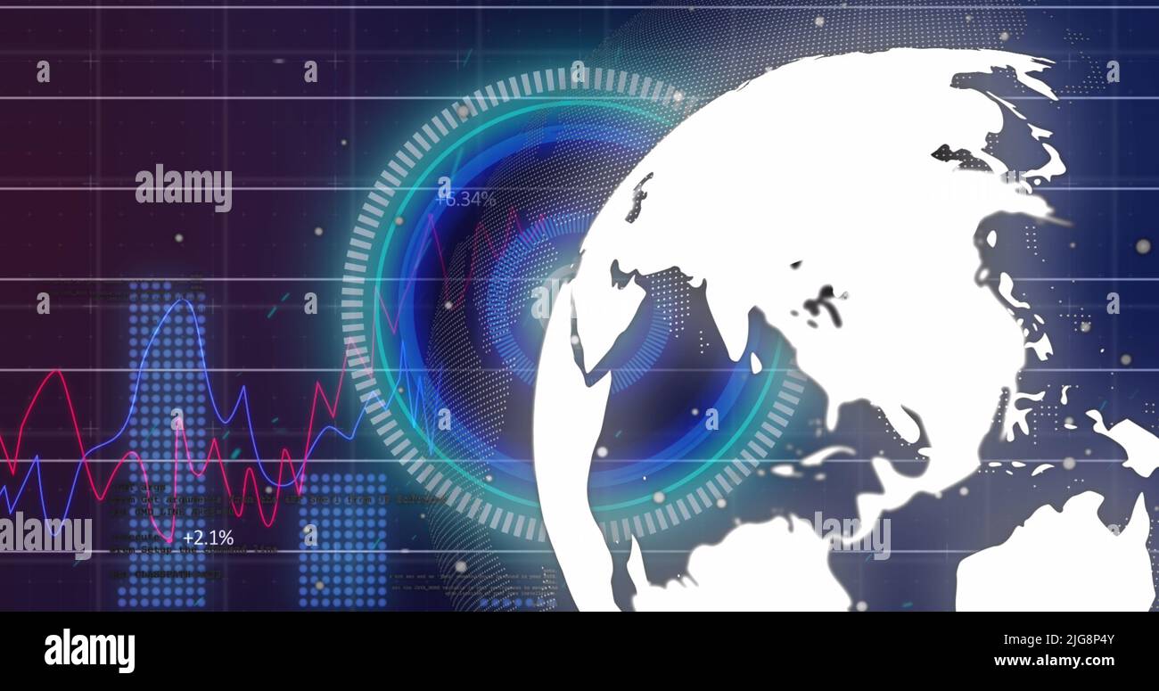 Image of red line and data processing over globe and grid Stock Photo