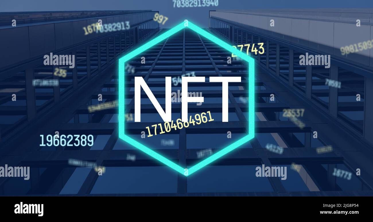 Image of nft text and falling numbers over network of connections Stock ...