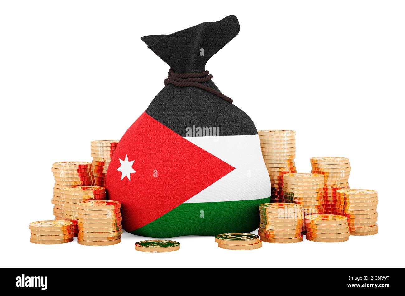 Money bag with Jordanian flag and golden coins around, 3D rendering