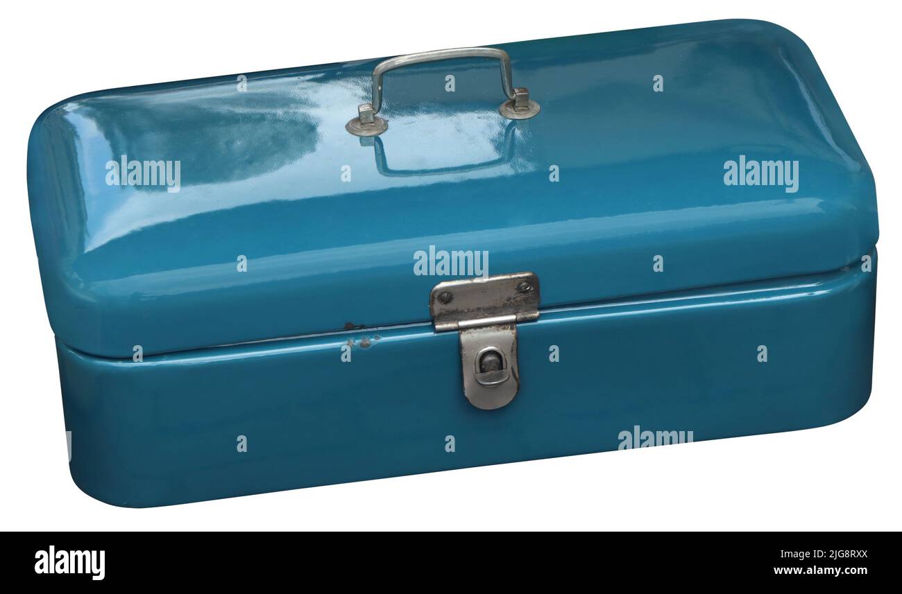 Old Vintage blue rectangular metal box Stock Photo