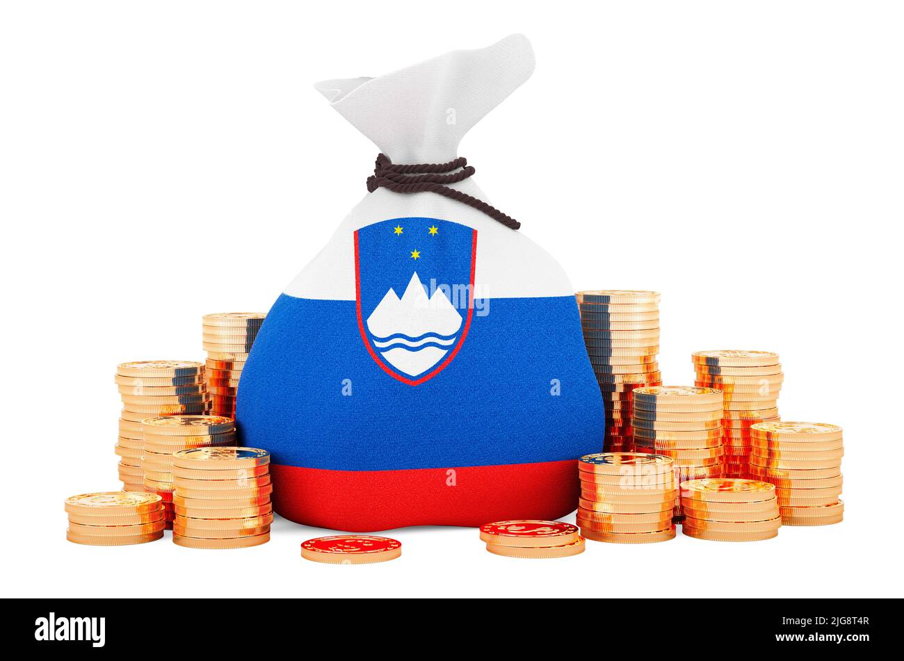 Money bag with Slovenian flag and golden coins around, 3D rendering