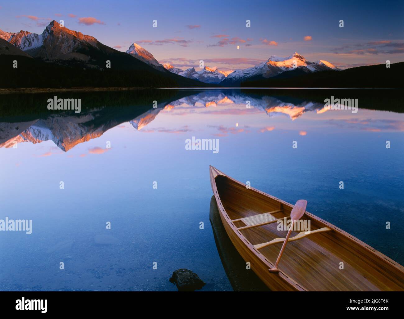 Canoe on Maligne Lake at Sunset, Jasper National Park, Alberta, Canada