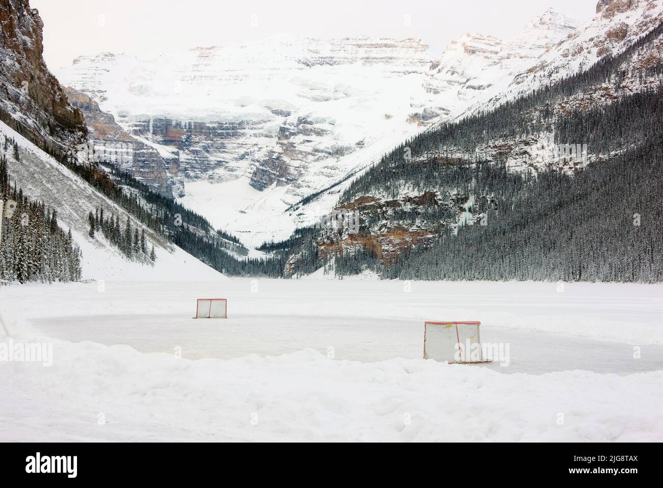 Ice Hockey rink on Lake Louise, Banff National Park, Alberta, Canada Stock Photo