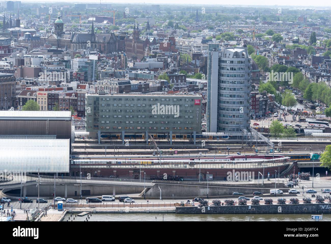 View from A'DAM Tower over Amsterdam, Ibis Hotel, Central Station, Tracks, Amsterdam, Netherlands Stock Photo