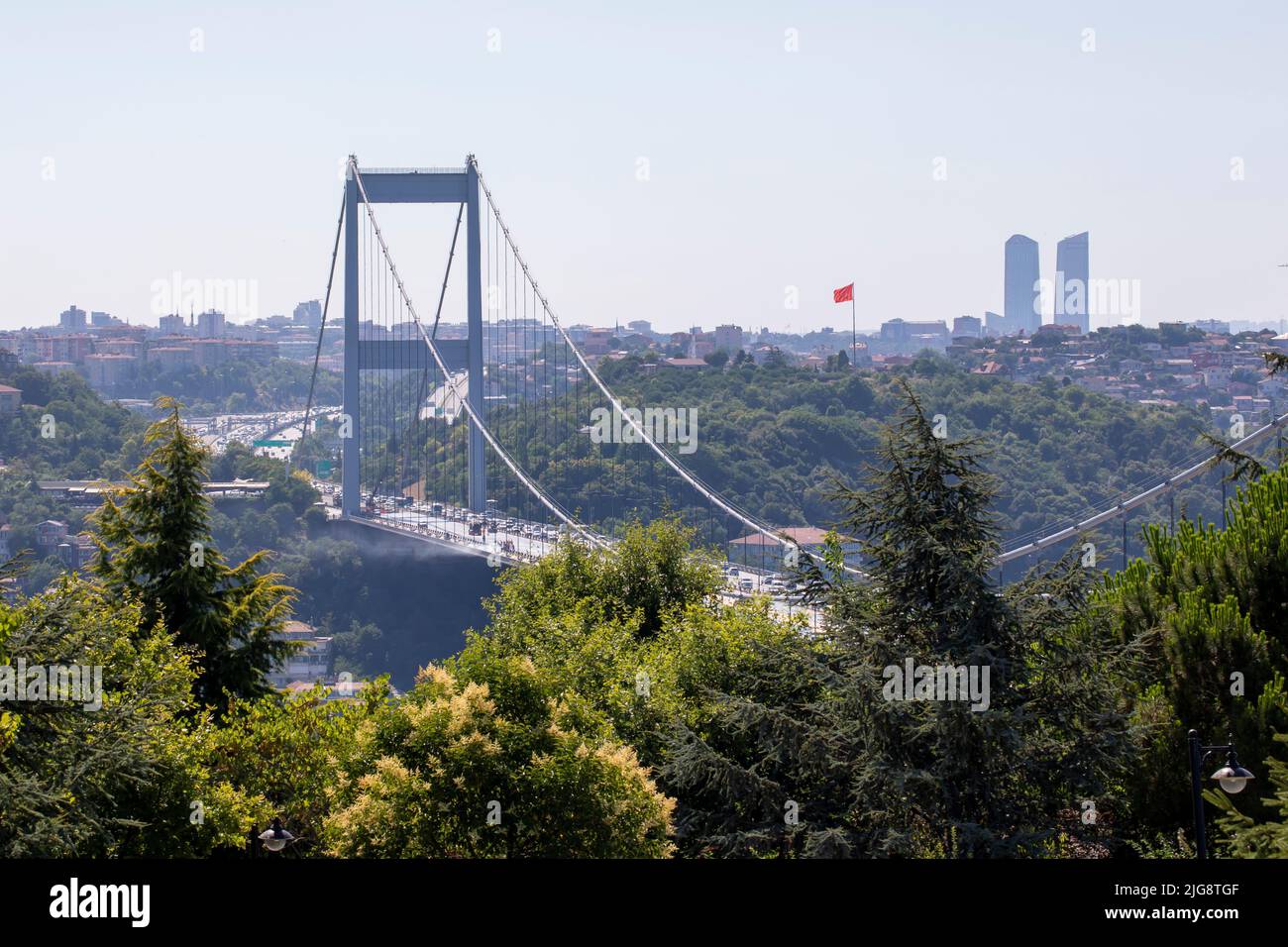 Turkish flag near Bosphorus Bridge Stock Photo