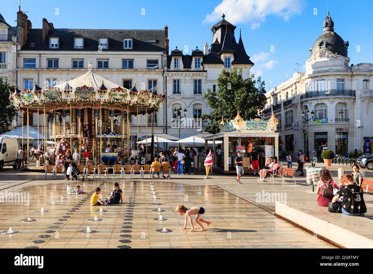 France, Centre-Val de Loire, Orléans, Place Du Martroi, water feature, people Stock Photo