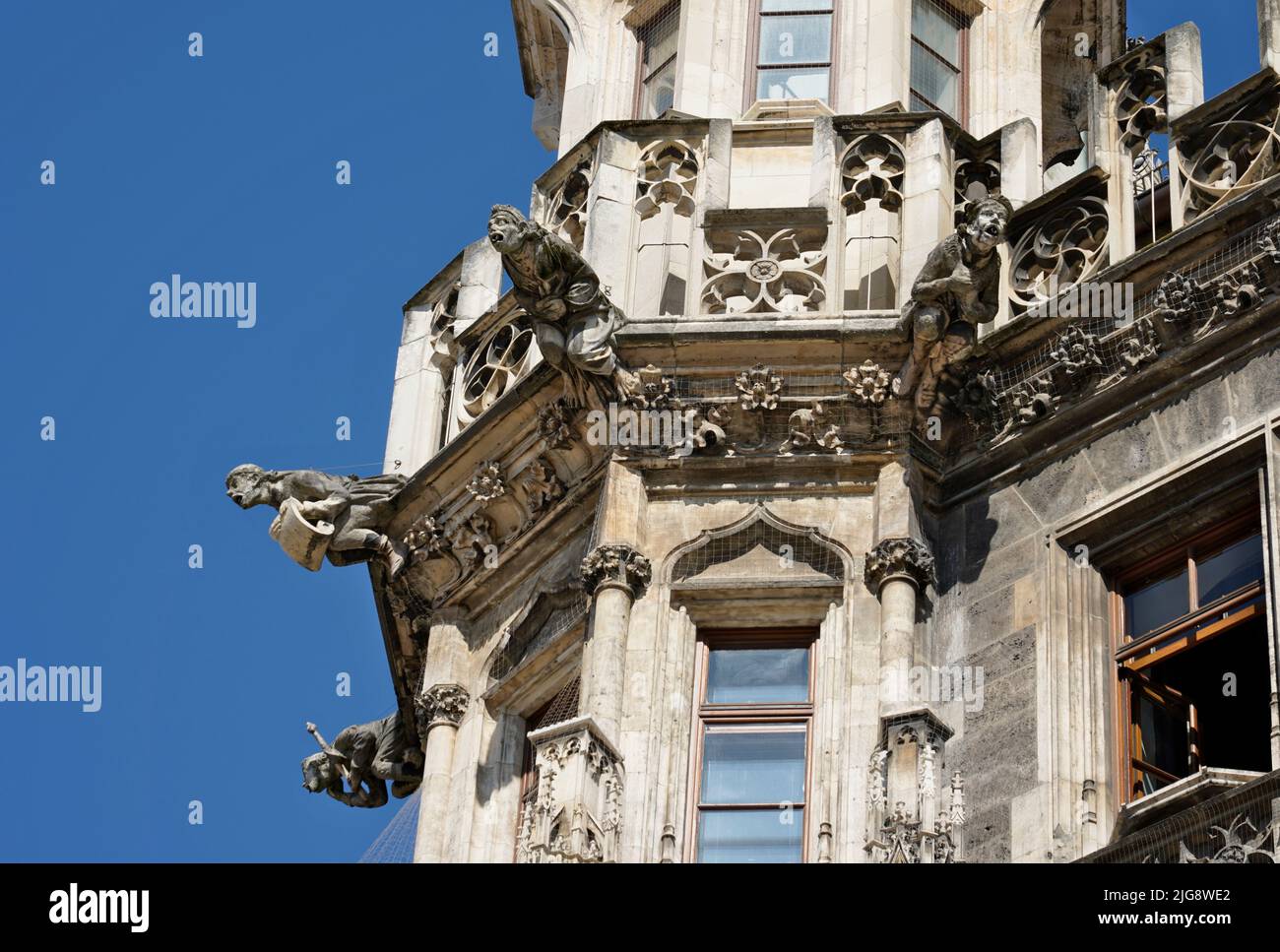 Germany, Bavaria, Munich, Marienplatz, New City Hall, facade, stone sculptures, detail Stock Photo