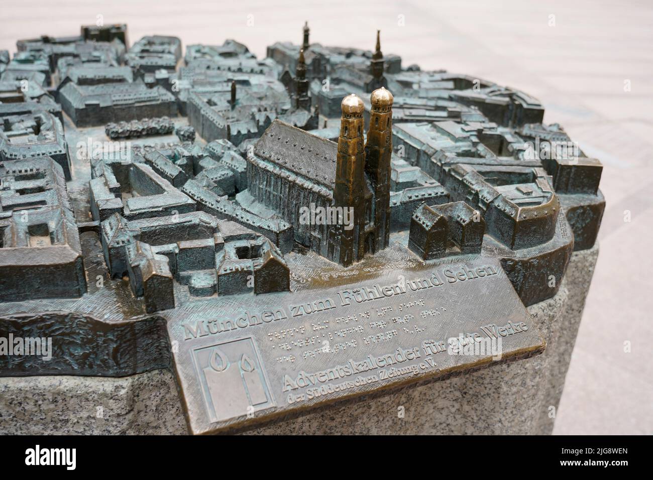 Germany, Bavaria, Munich, Frauenkirche, Frauenplatz, miniature model, bronze tactile model for the visually impaired Stock Photo