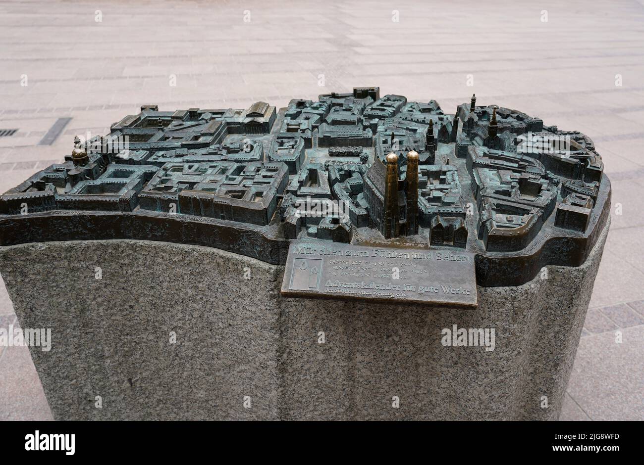 Germany, Bavaria, Munich, Frauenkirche, Frauenplatz, miniature model, bronze tactile model for the visually impaired Stock Photo