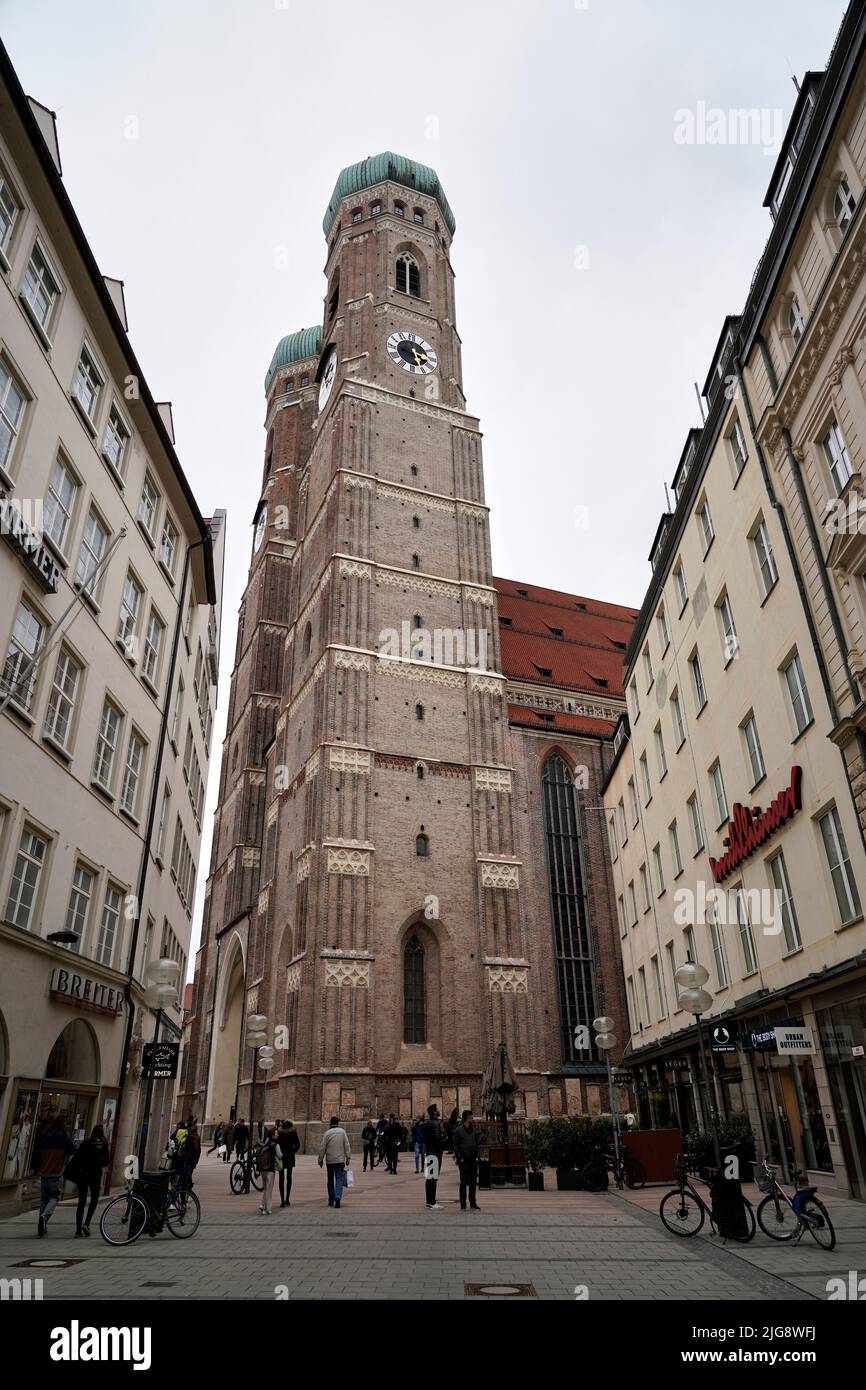 Germany, Bavaria, Munich, Frauenkirche, women towers, overcast sky Stock Photo