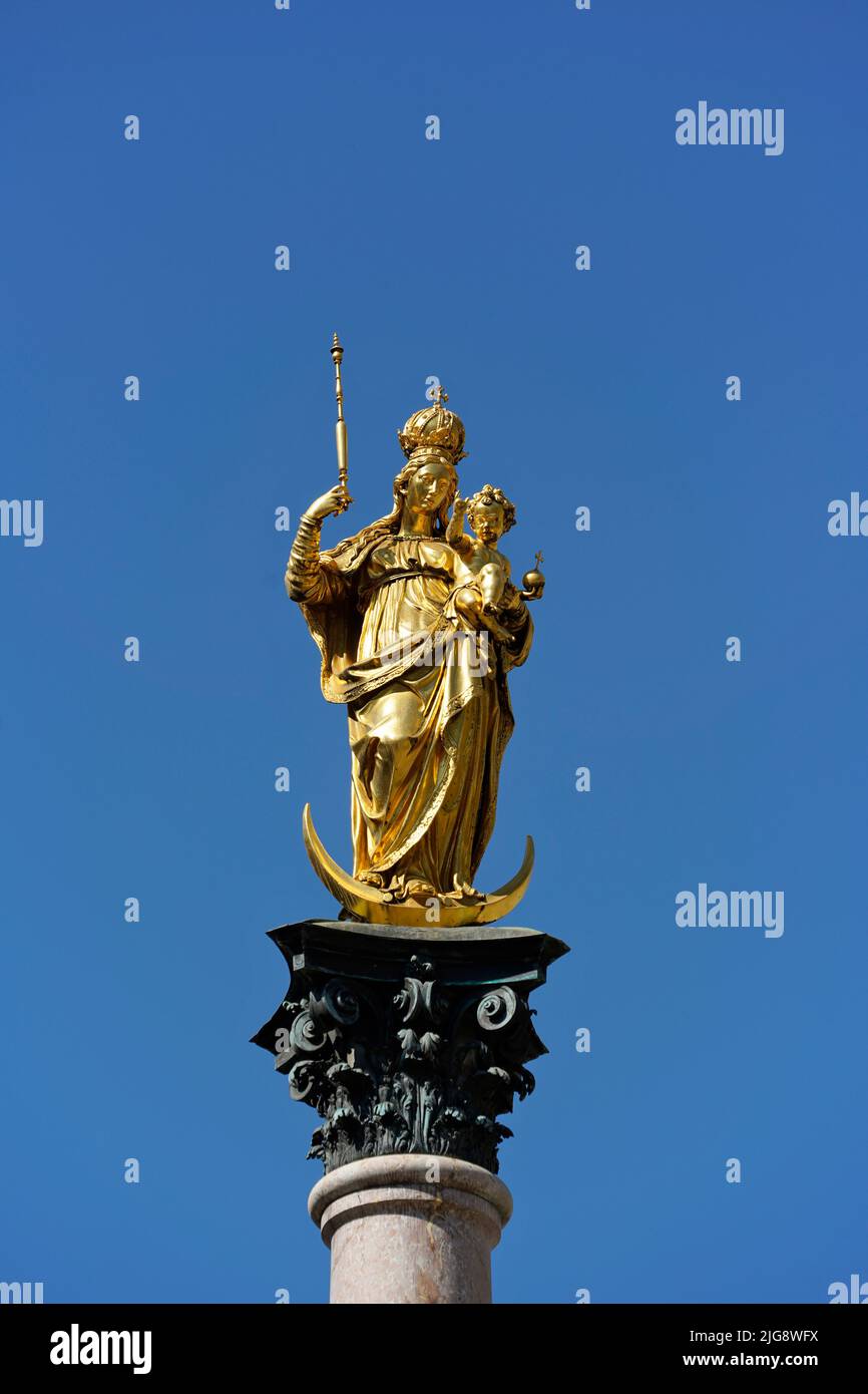 Germany, Bavaria, Munich, old town, Marienplatz, Mary's column, Mary figure, gilded Stock Photo