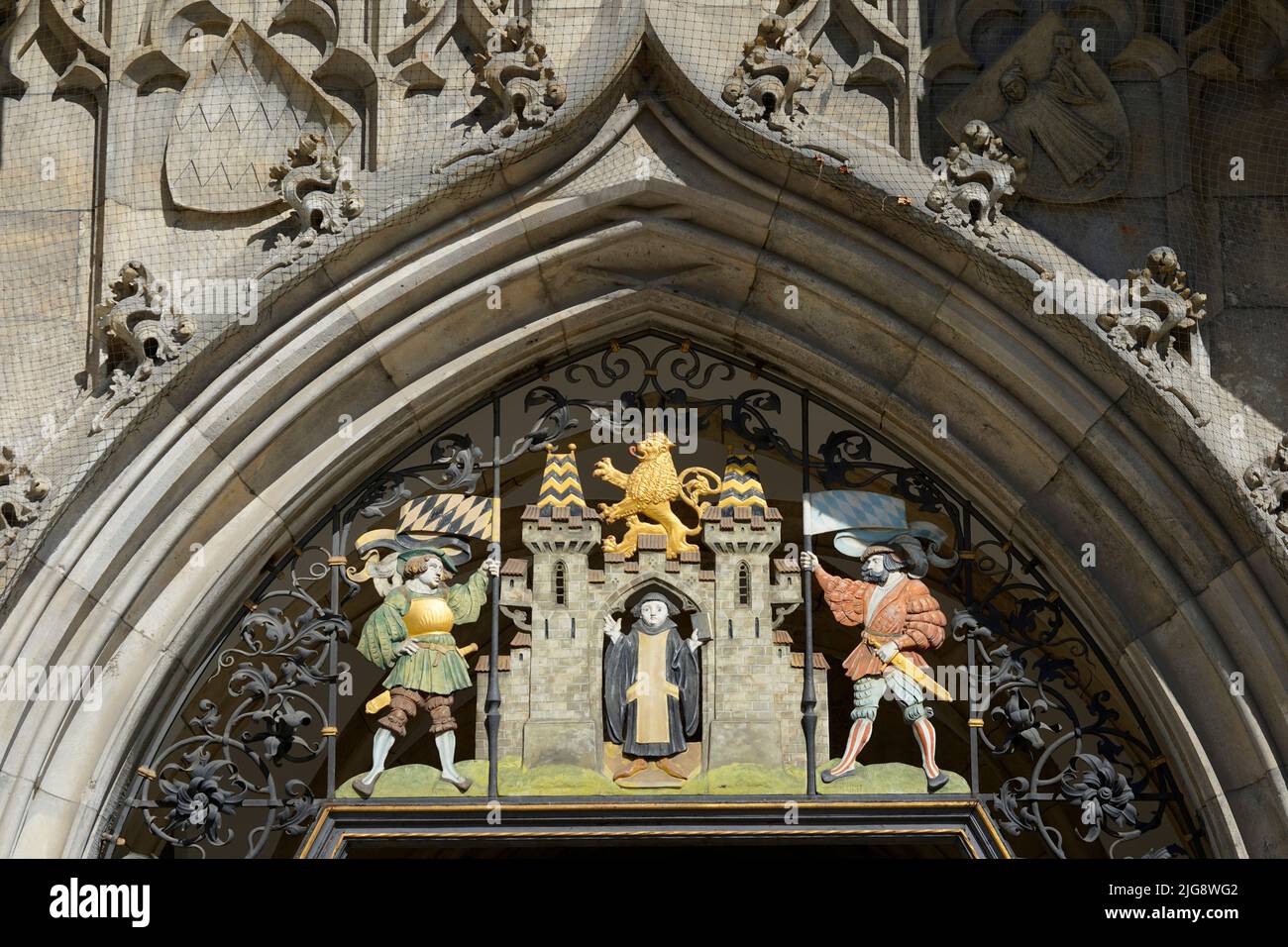 Germany, Bavaria, Munich, Marienplatz, New City Hall, entrance portal, relief, Münchner Kindl, detail Stock Photo